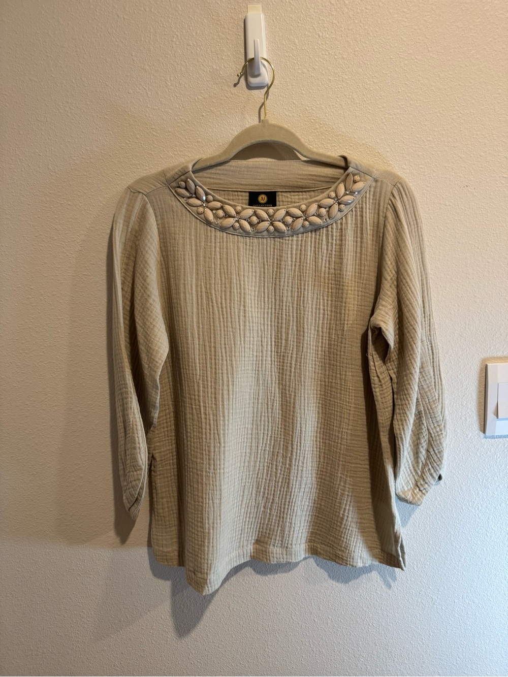 JM collection Beaded Scoop Neck Long Sleeve Top 100% cotton  - Cream